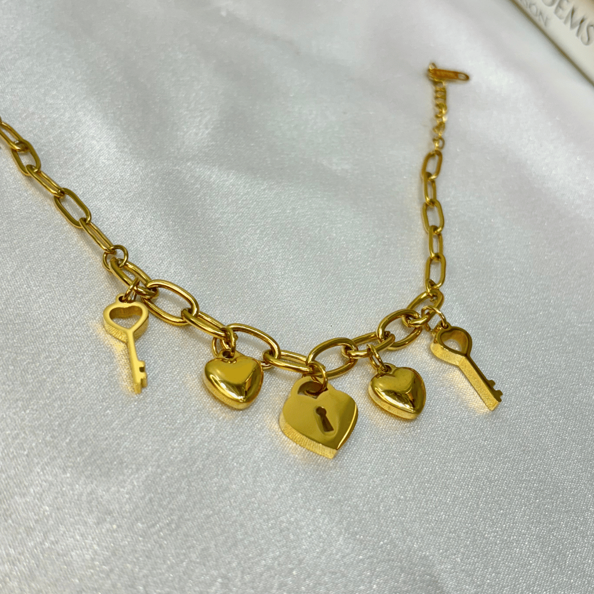 Golden Key and Heart Charm Bracelet