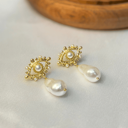 Gold-Plated Evil Eye with Baroque Pearl Earrings