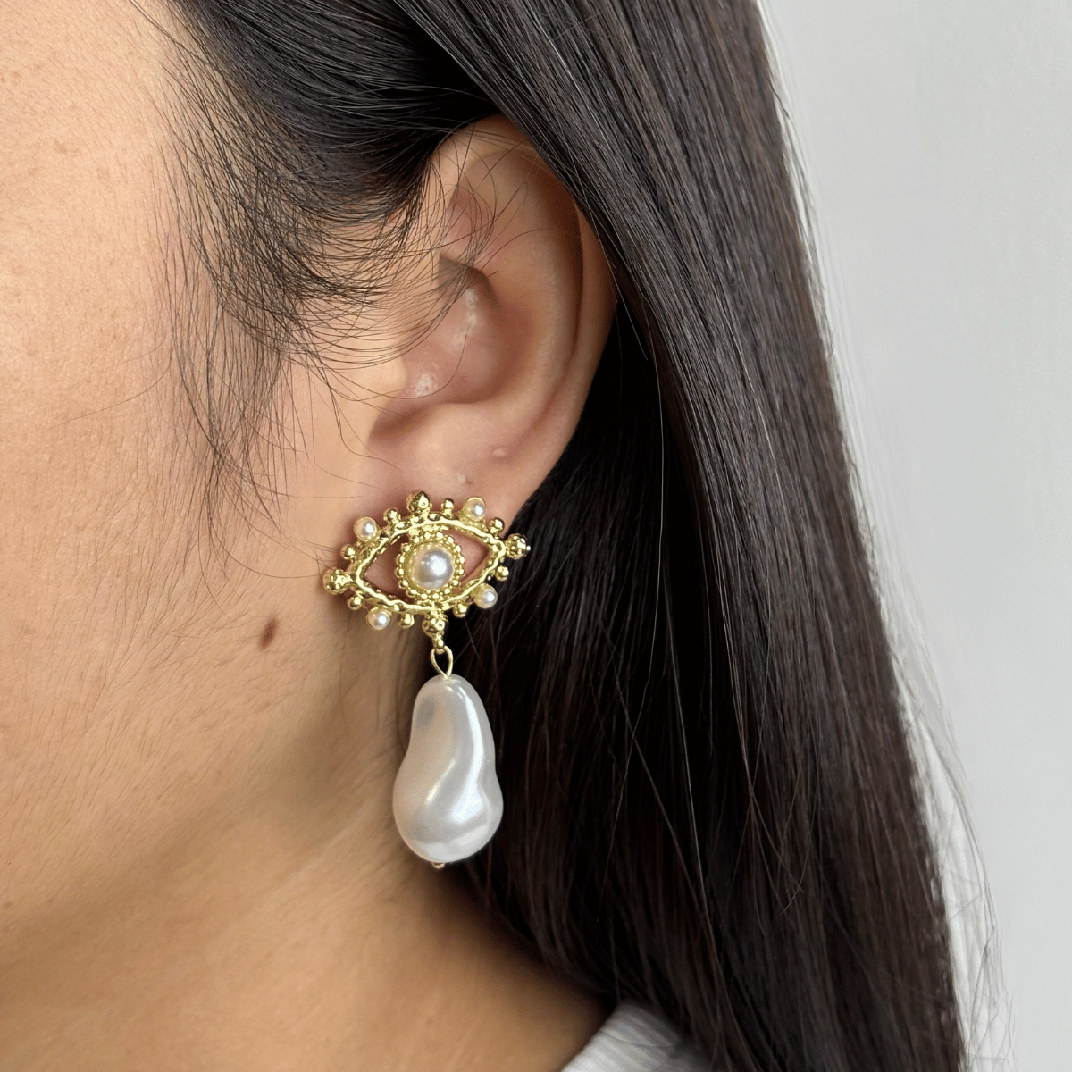 Gold-Plated Evil Eye with Baroque Pearl Earrings