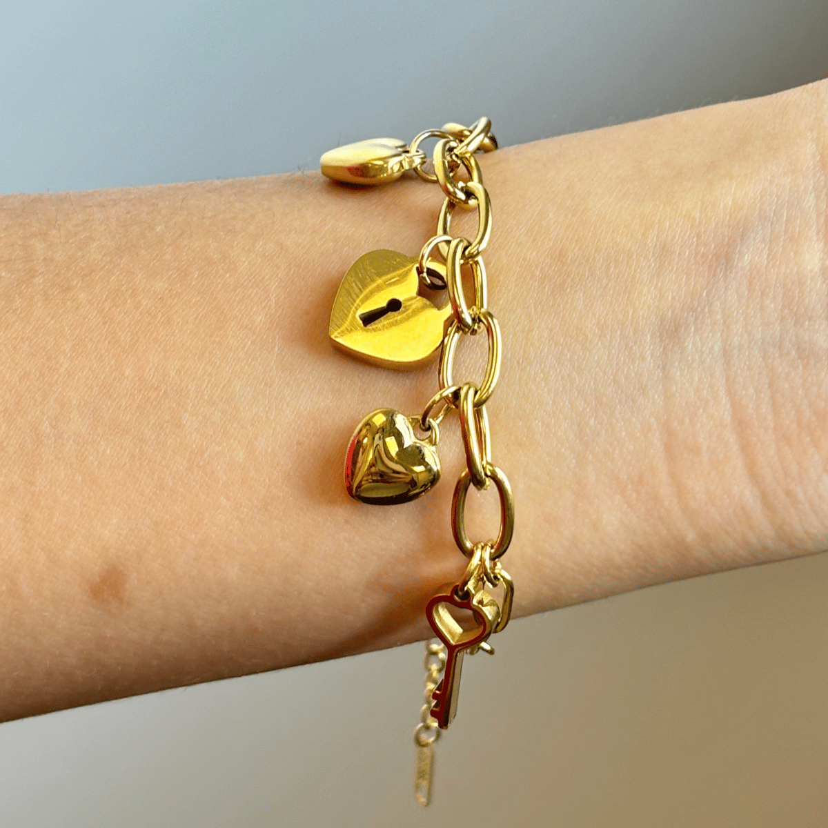 Golden Key and Heart Charm Bracelet