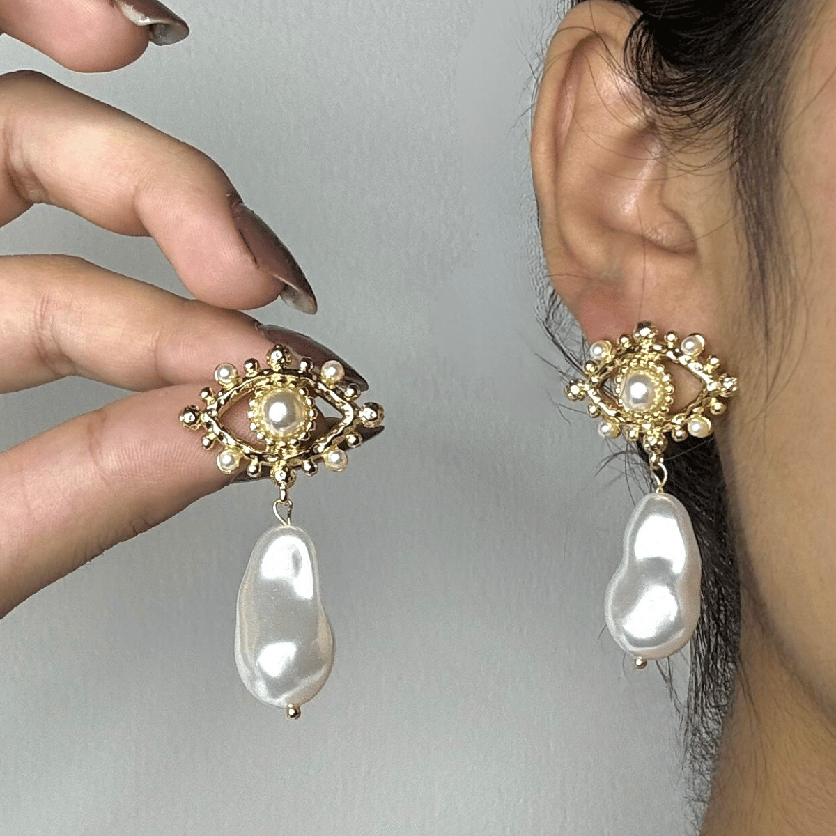 Gold-Plated Evil Eye with Baroque Pearl Earrings