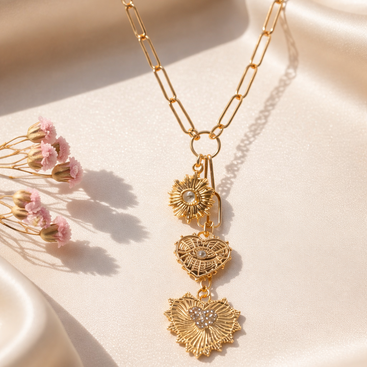 18K Gold Plated Multi Charm Heart Necklace