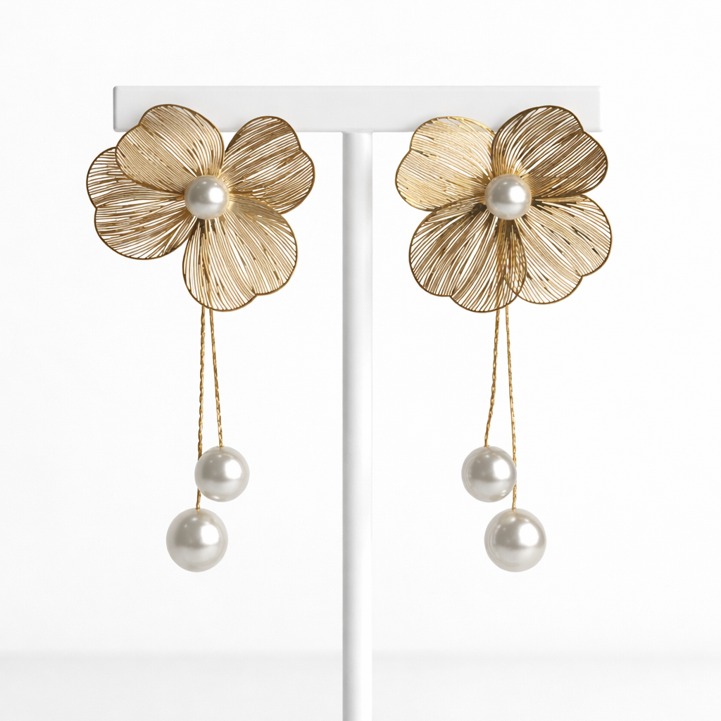 18K Gold Plated Flower Pearl Drop Earrings