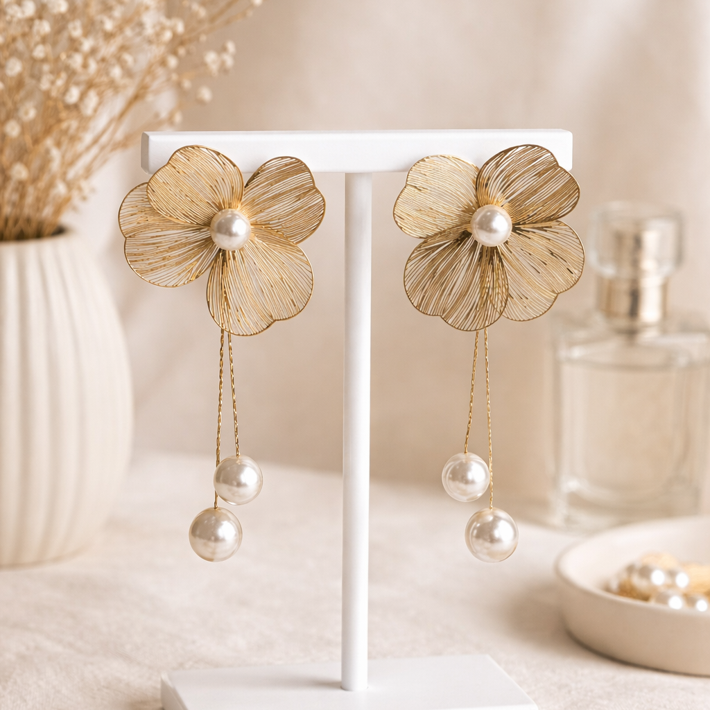 18K Gold Plated Flower Pearl Drop Earrings