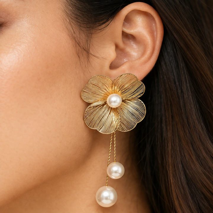 18K Gold Plated Flower Pearl Drop Earrings