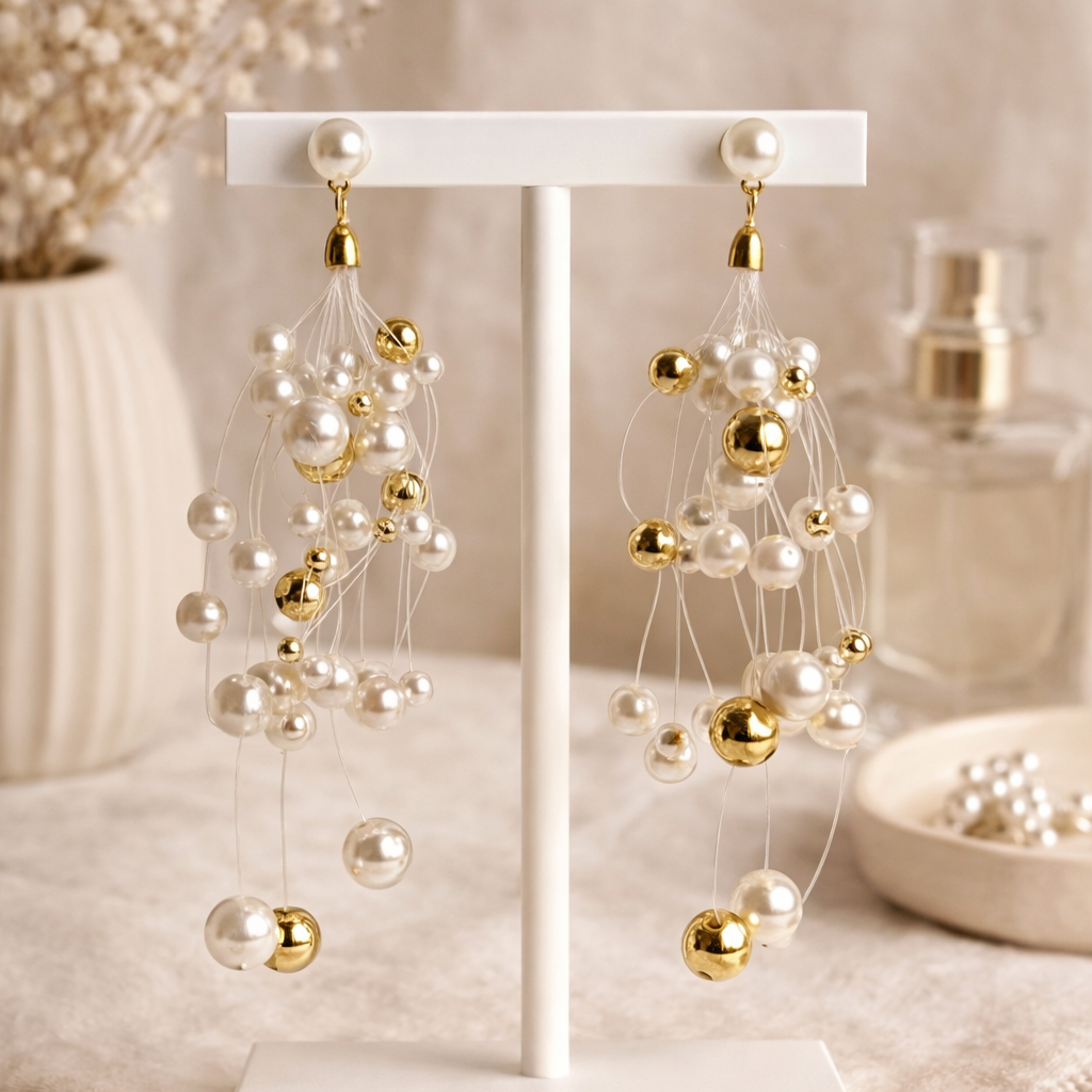 18K Gold Plated Pearl Cluster Drop Earrings