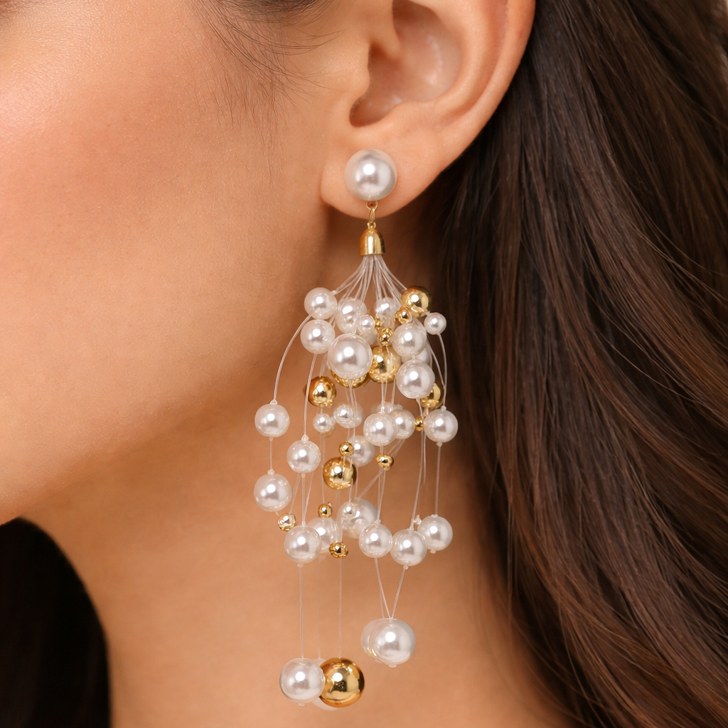 18K Gold Plated Pearl Cluster Drop Earrings