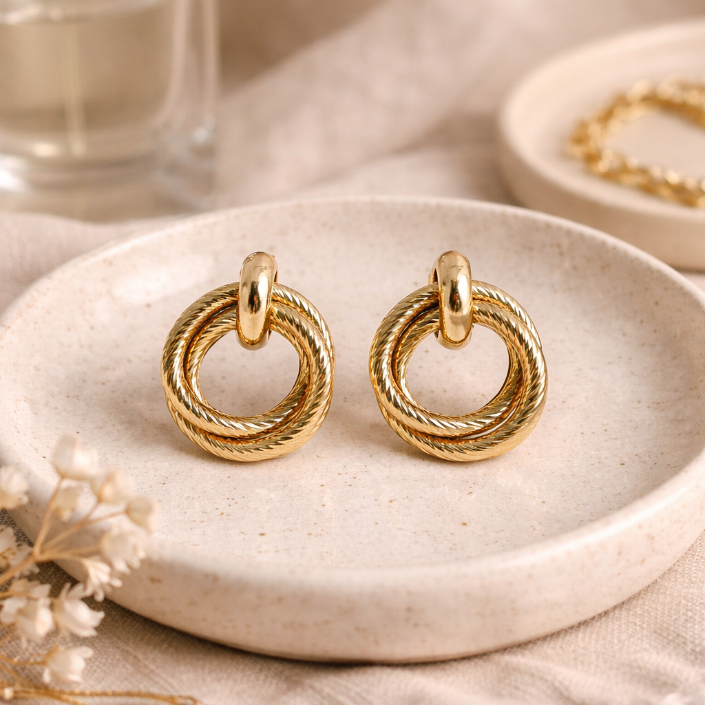 18K Gold Plated Textured Double Loop Earrings