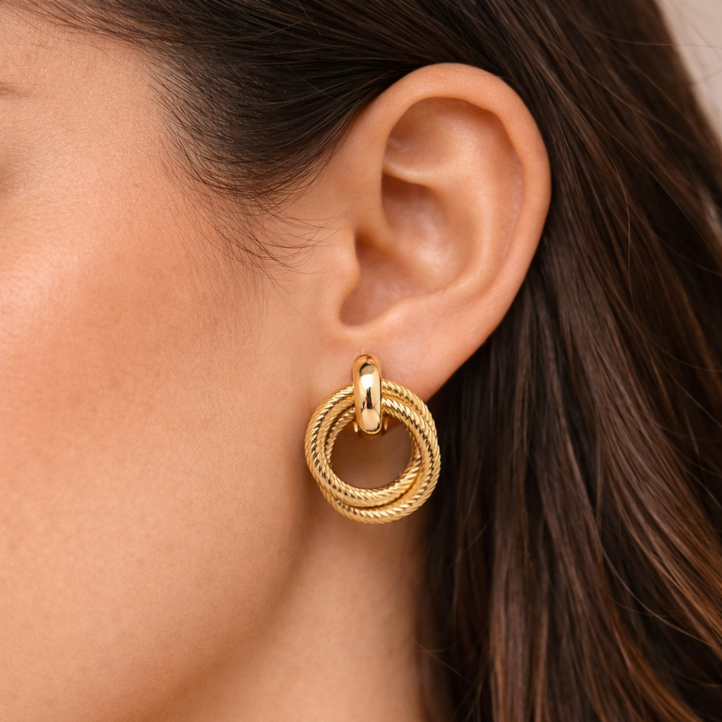 18K Gold Plated Textured Double Loop Earrings