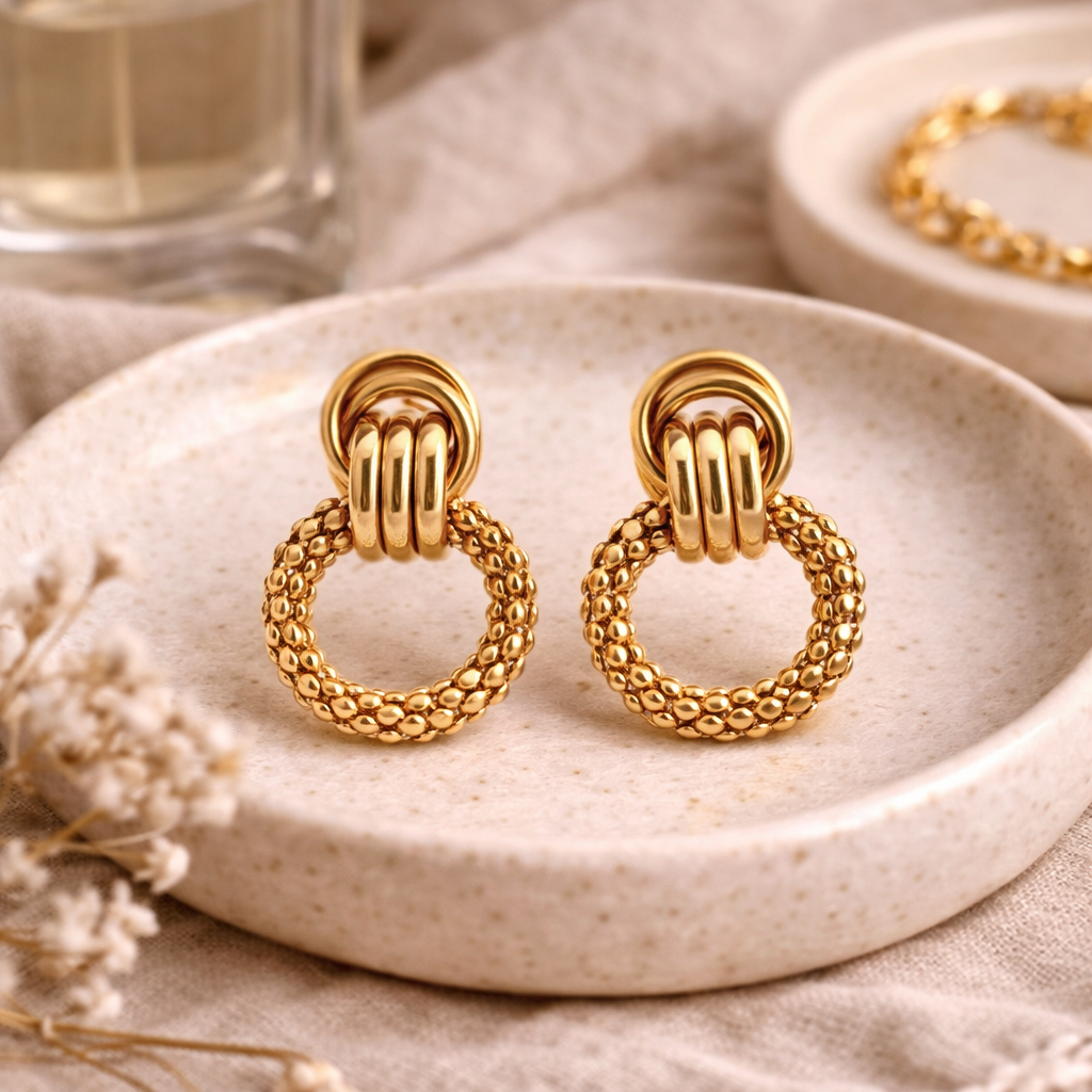 18K Gold Plated Textured Double Loop Earrings