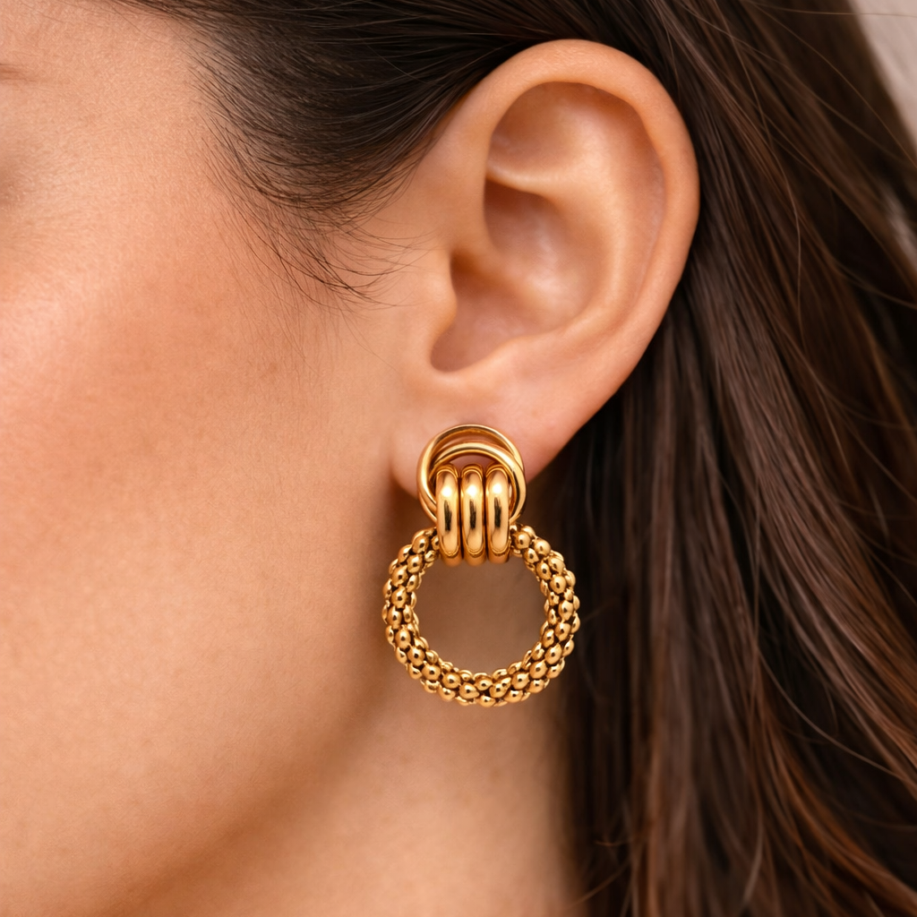 18K Gold Plated Textured Double Loop Earrings