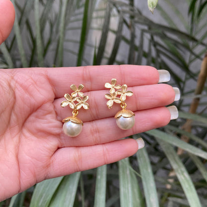 Golden Bloom Floral Gold-Plated Pearl Drop Earrings