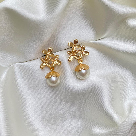 Golden Bloom Floral Gold-Plated Pearl Drop Earrings