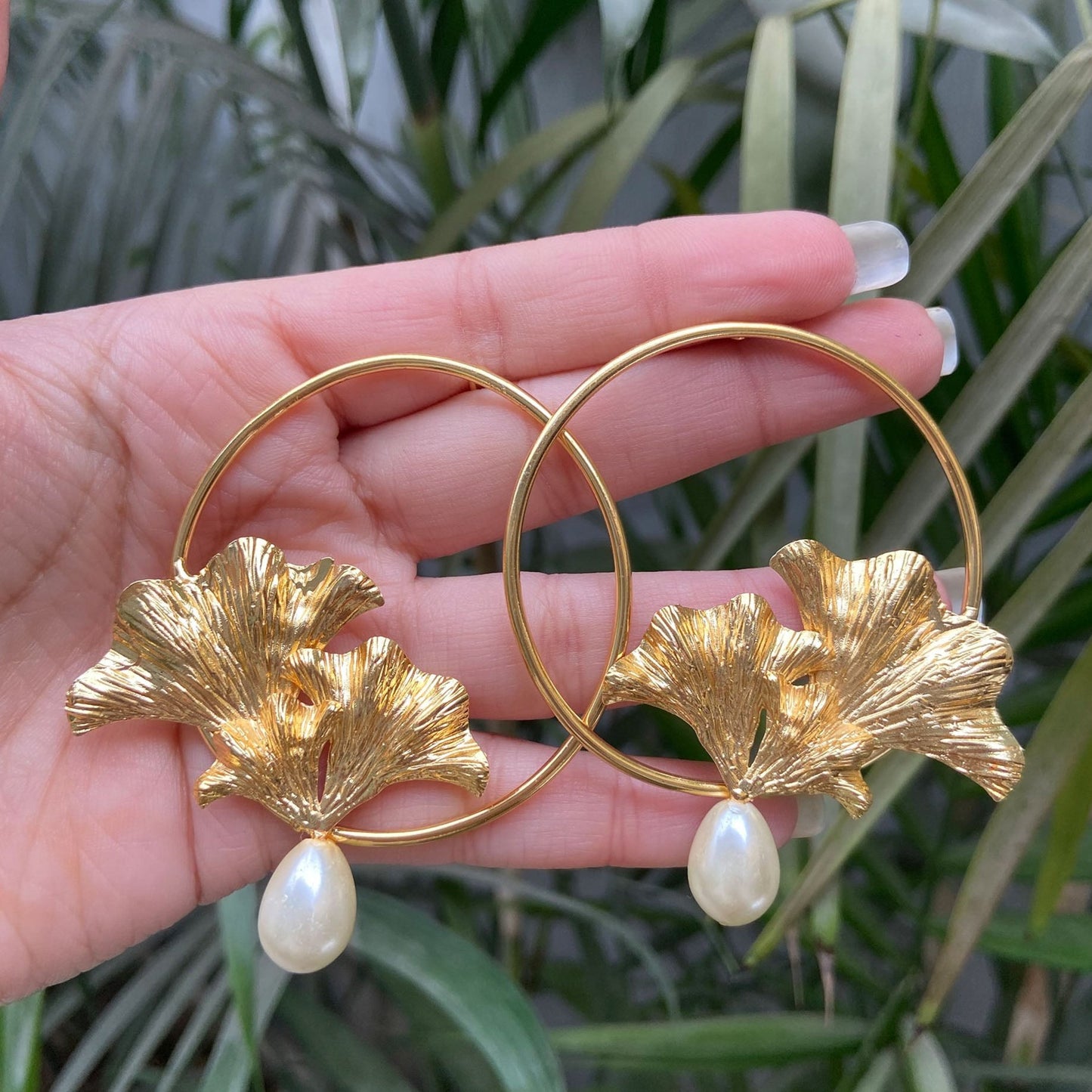 Gold-Plated Ginkgo Leaf Pearl Drop Hoop Earrings