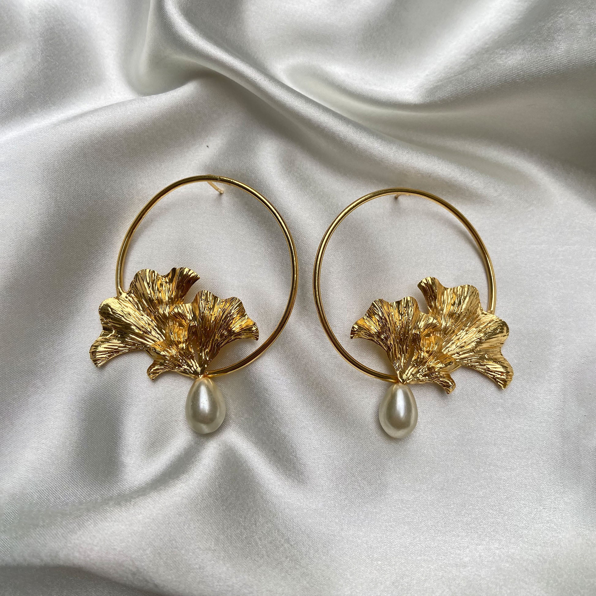 Gold-Plated Ginkgo Leaf Pearl Drop Hoop Earrings