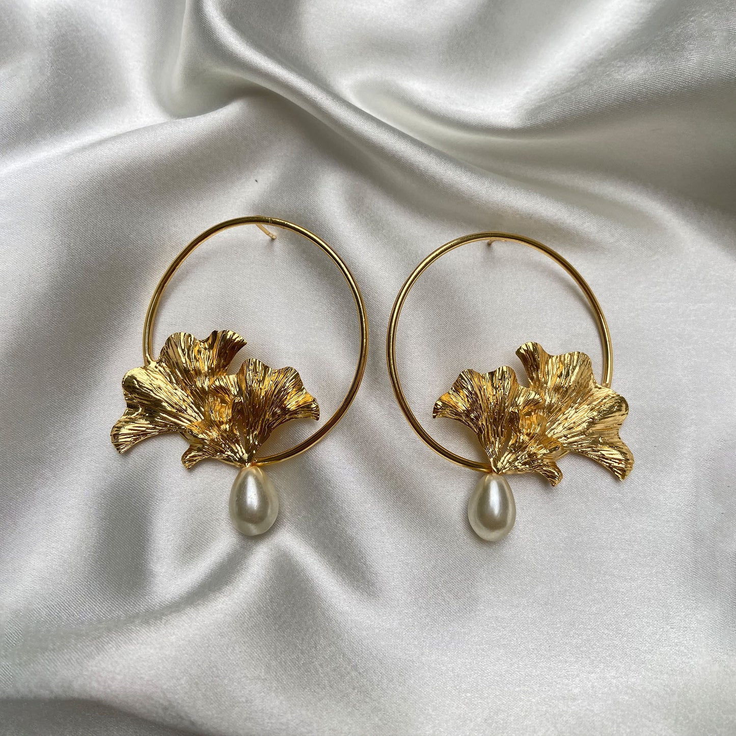 Gold-Plated Ginkgo Leaf Pearl Drop Hoop Earrings