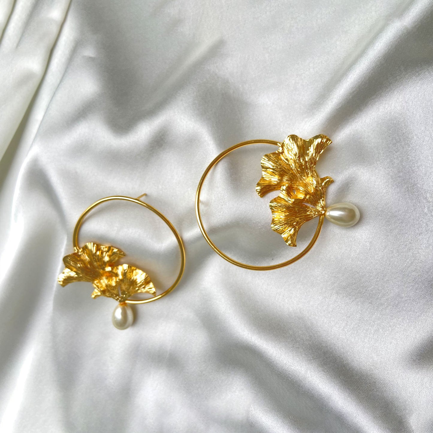 Gold-Plated Ginkgo Leaf Pearl Drop Hoop Earrings