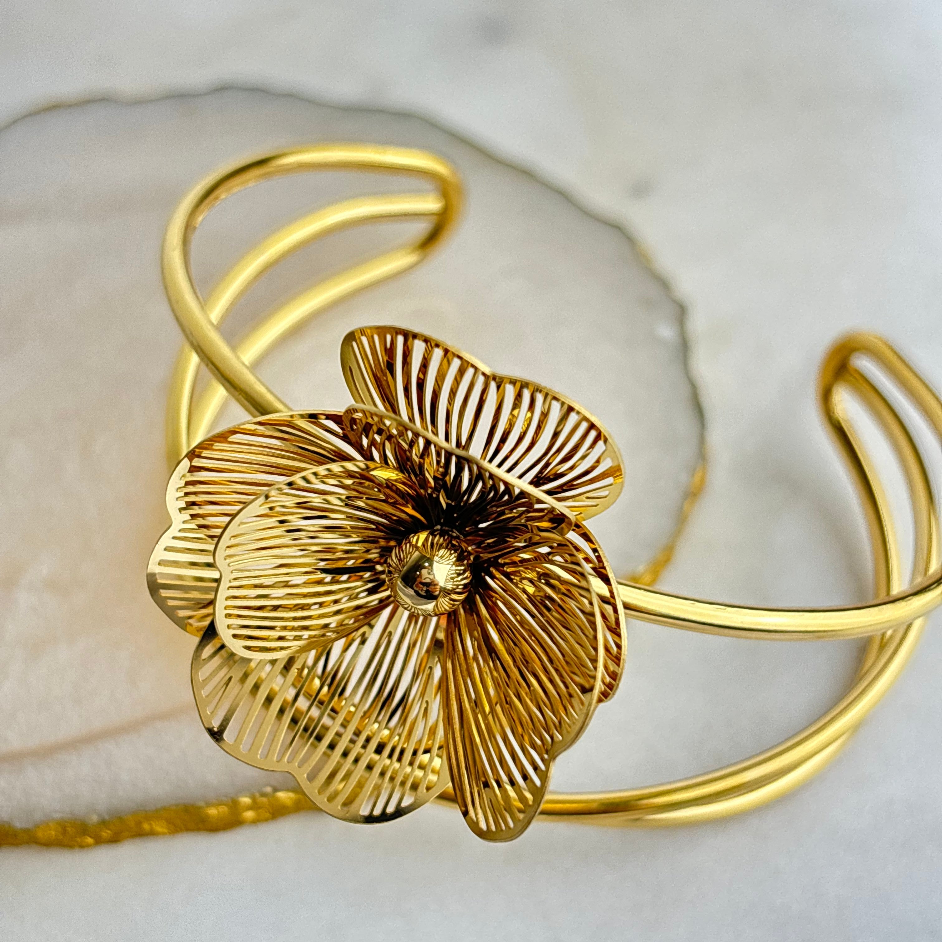 Gold Plated Floral Cuff Bracelet – Open Bloom Statement Design