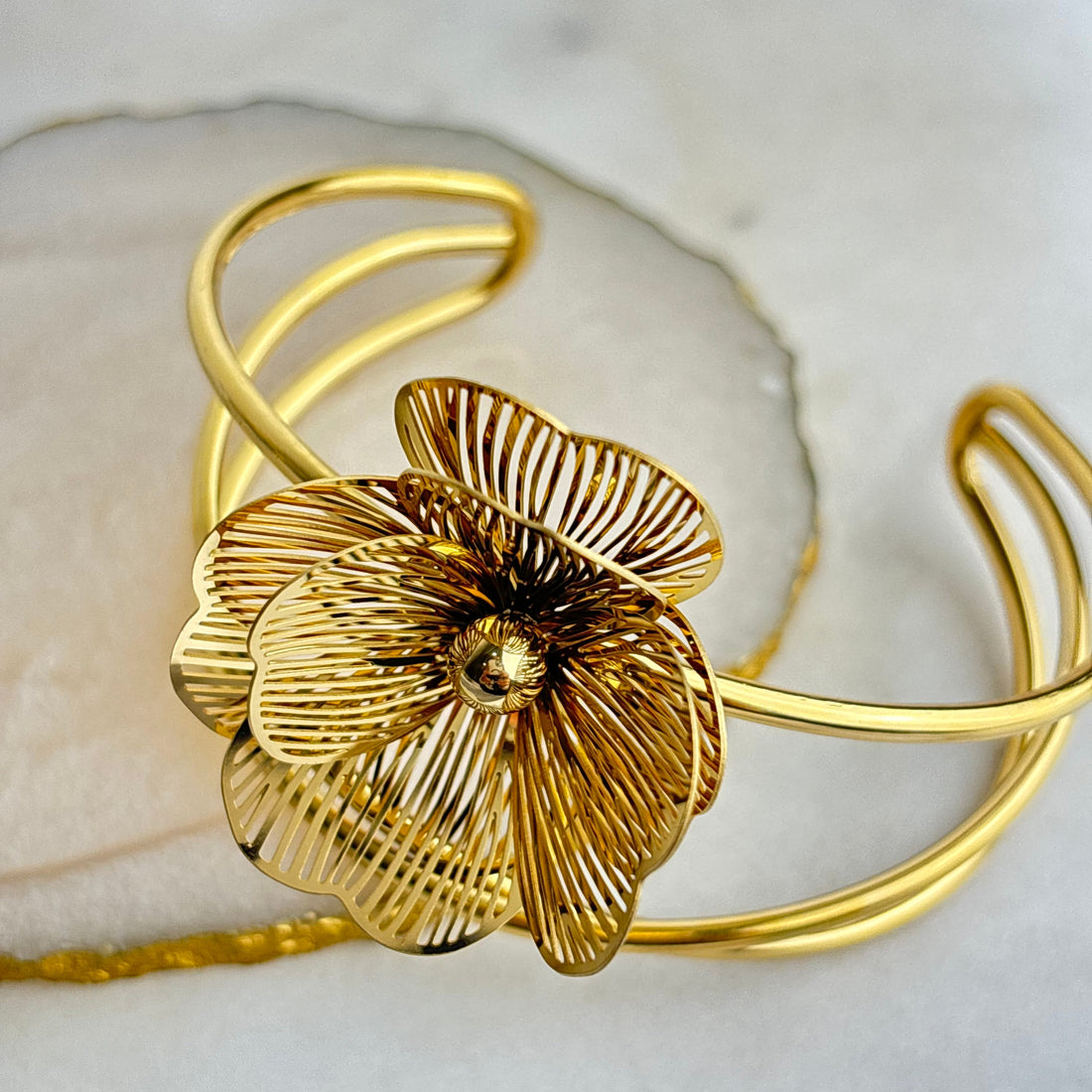 Gold Plated Floral Cuff Bracelet – Open Bloom Statement Design