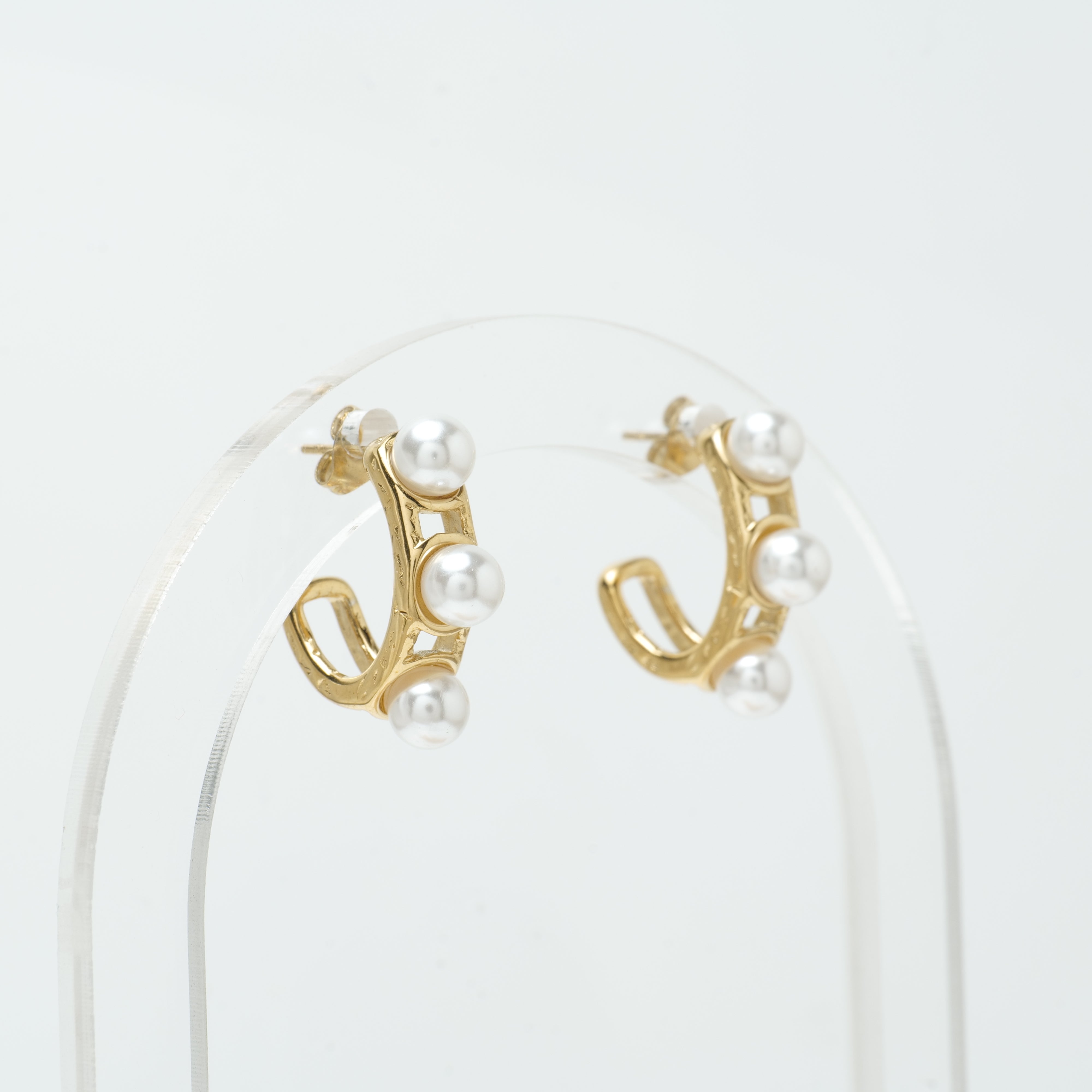 18K Gold Plated Pearl Hoop Earrings – Triple Pearl Design – Modern Everyday Jewelry