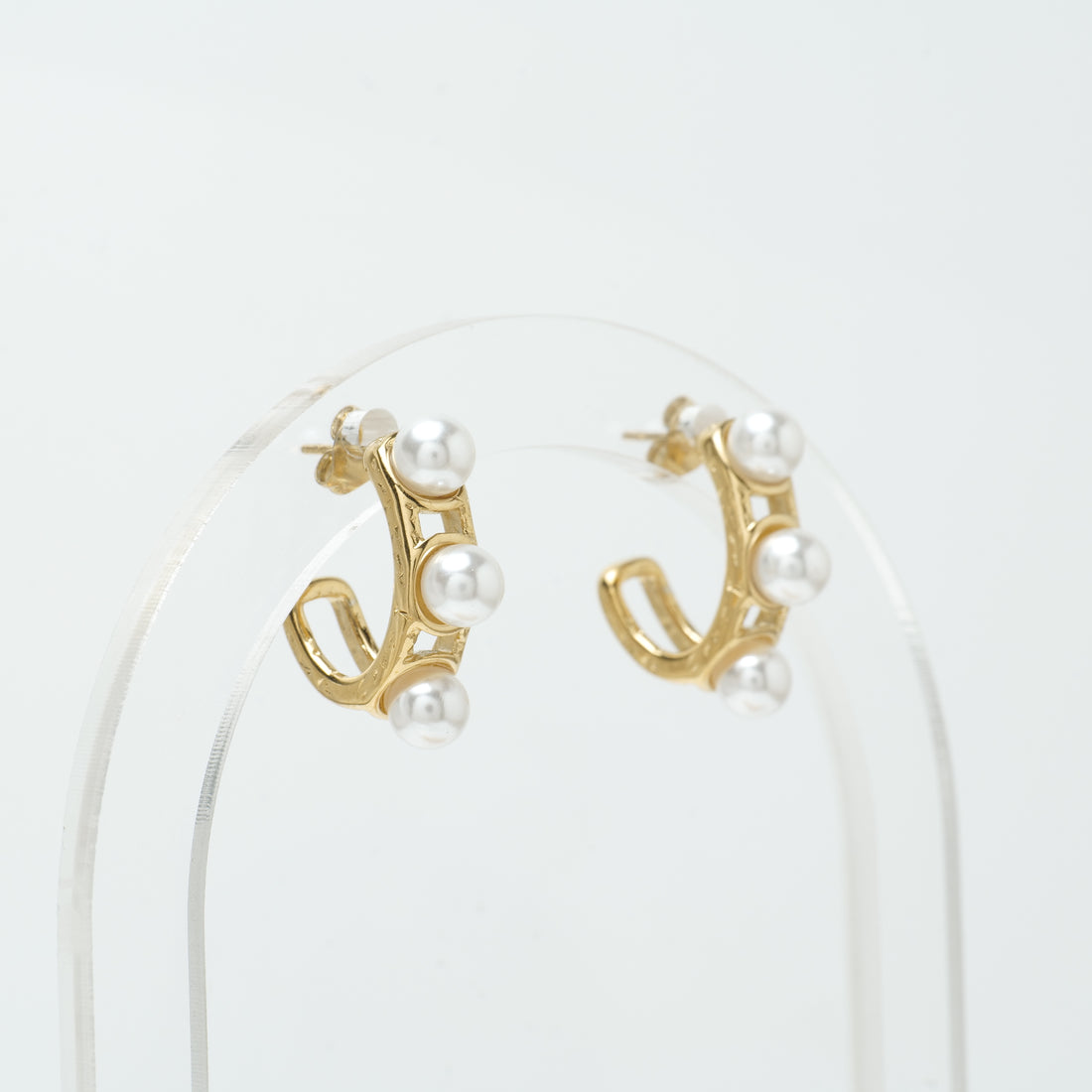 18K Gold Plated Pearl Hoop Earrings – Triple Pearl Design – Modern Everyday Jewelry