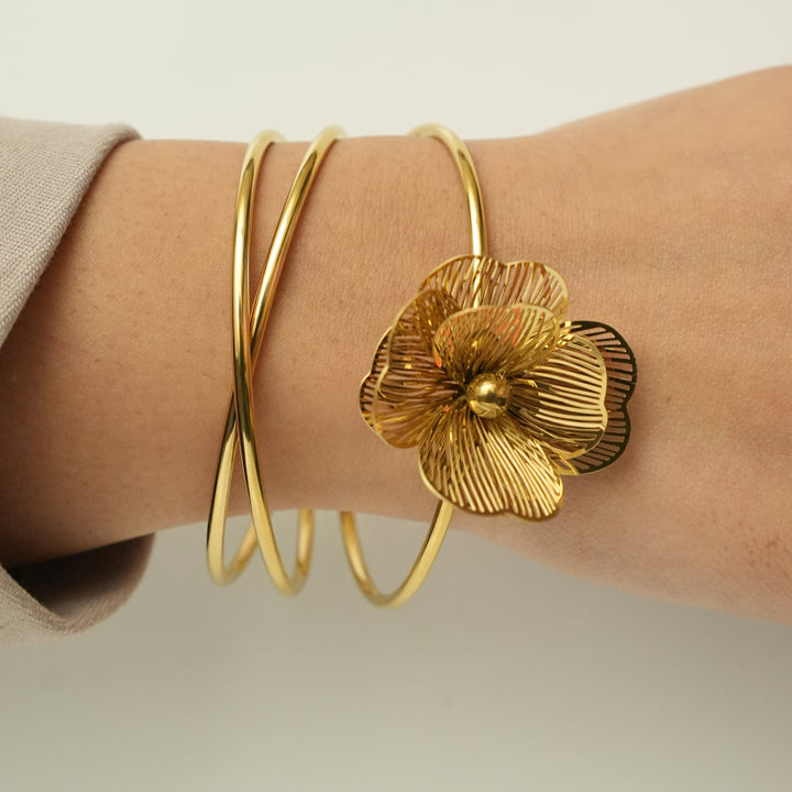 Gold Plated Floral Cuff Bracelet – Open Bloom Statement Design