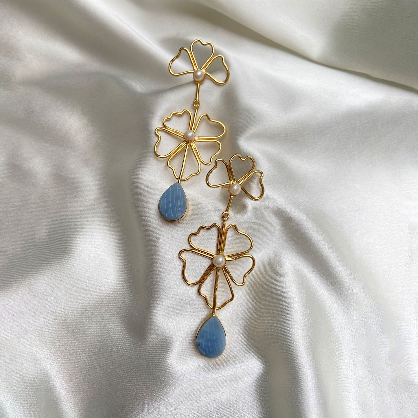 Floral Blue Stone Dangling Gold-Plated Pearl Earrings