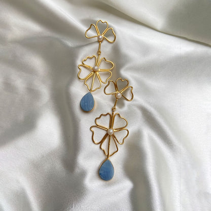 Floral Blue Stone Dangling Gold-Plated Pearl Earrings