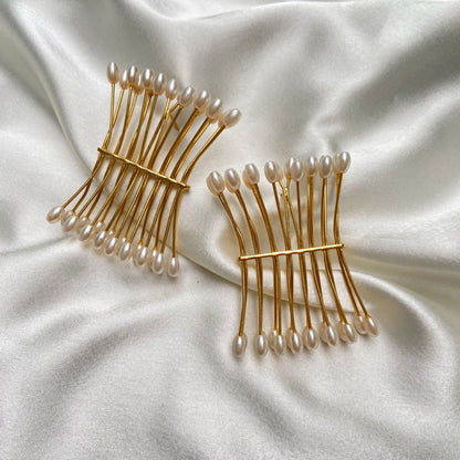 Pearl-Tipped Golden Stems Gold-Plate Earrings