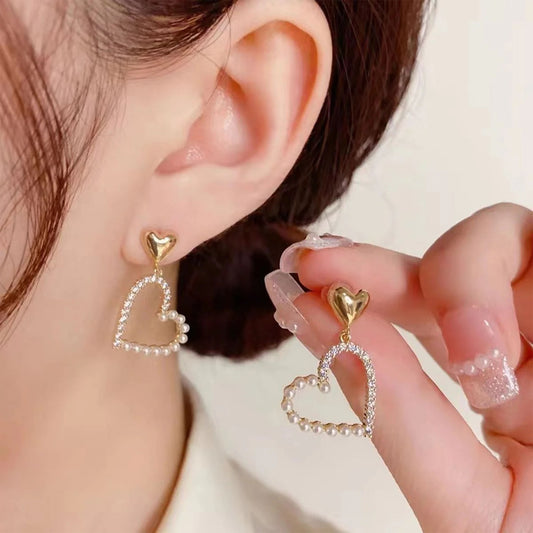 Golden Heart Drop Earrings with Pearls