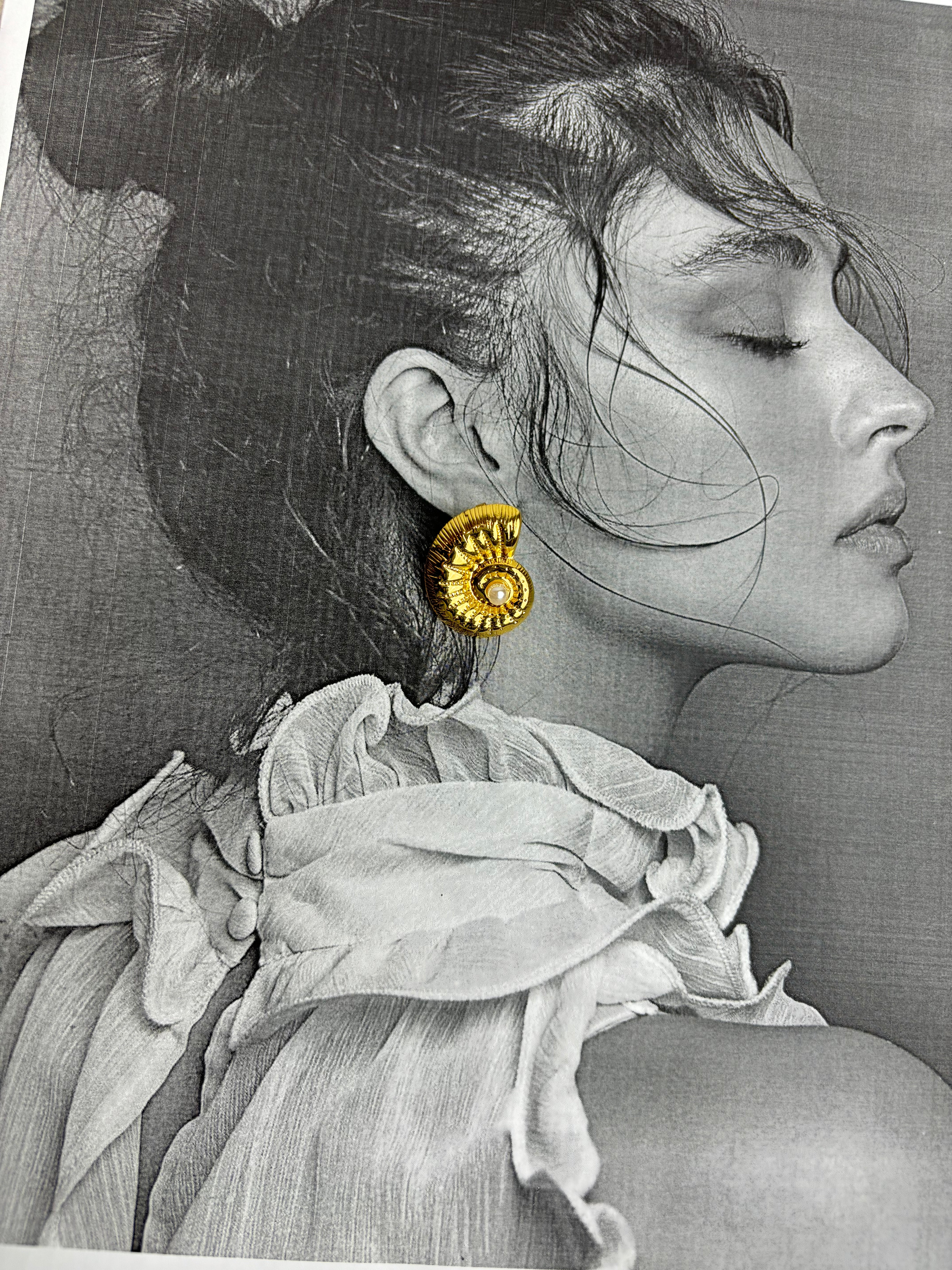 Gold Plated Shell Stud Earrings with Pearl