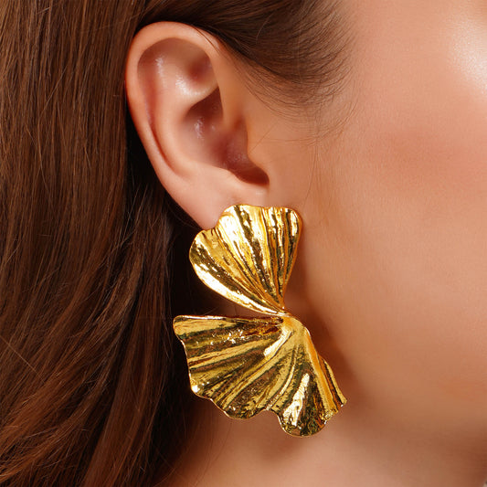 Bold Ginkgo Leaf GoldPlated Stud Earrings