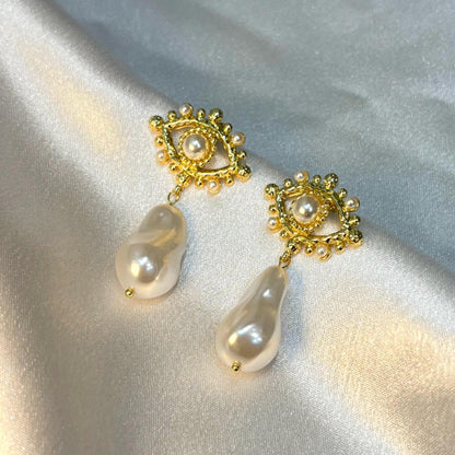 Gold-Plated Evil Eye with Baroque Pearl Earrings