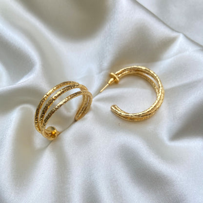 Gold-Plated Triple Band Textured C- Hoops