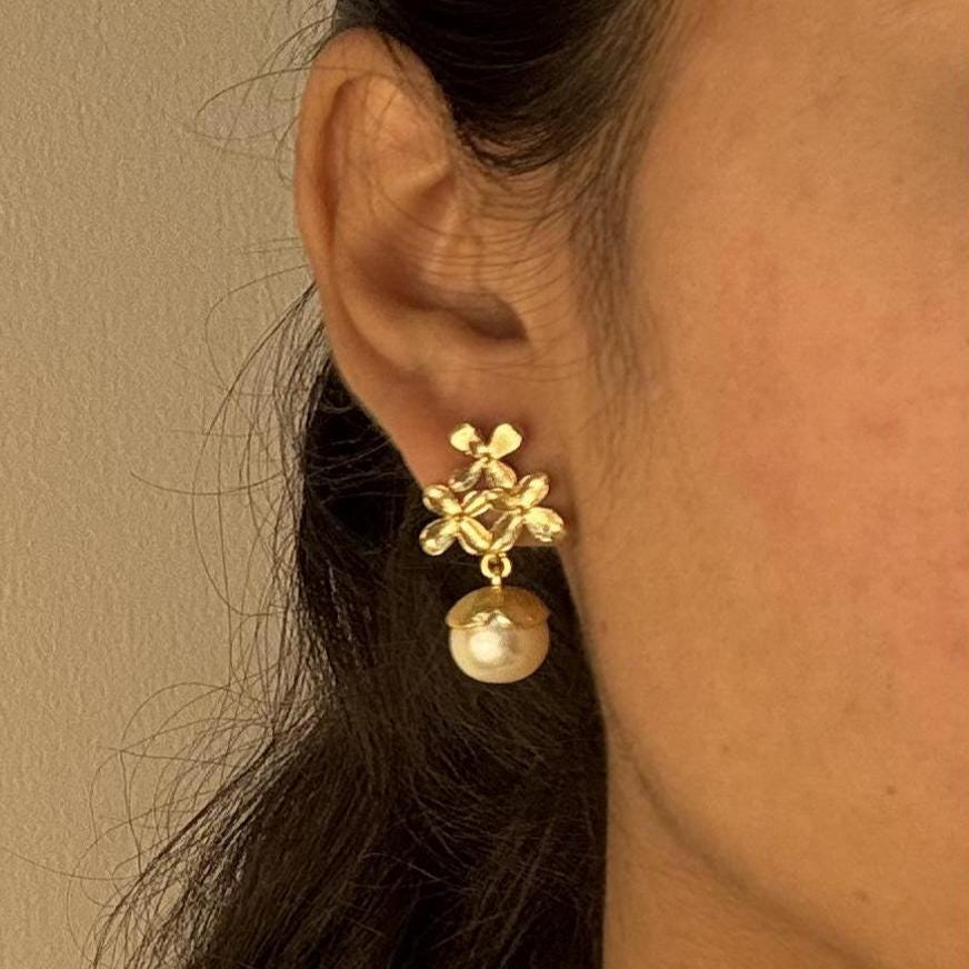 Golden Bloom Floral Gold-Plated Pearl Drop Earrings