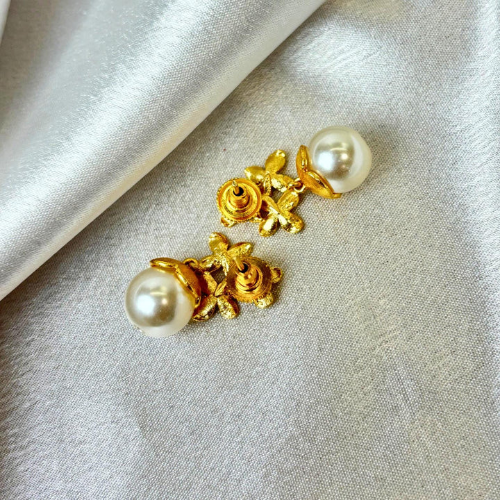 Golden Bloom Floral Gold-Plated Pearl Drop Earrings