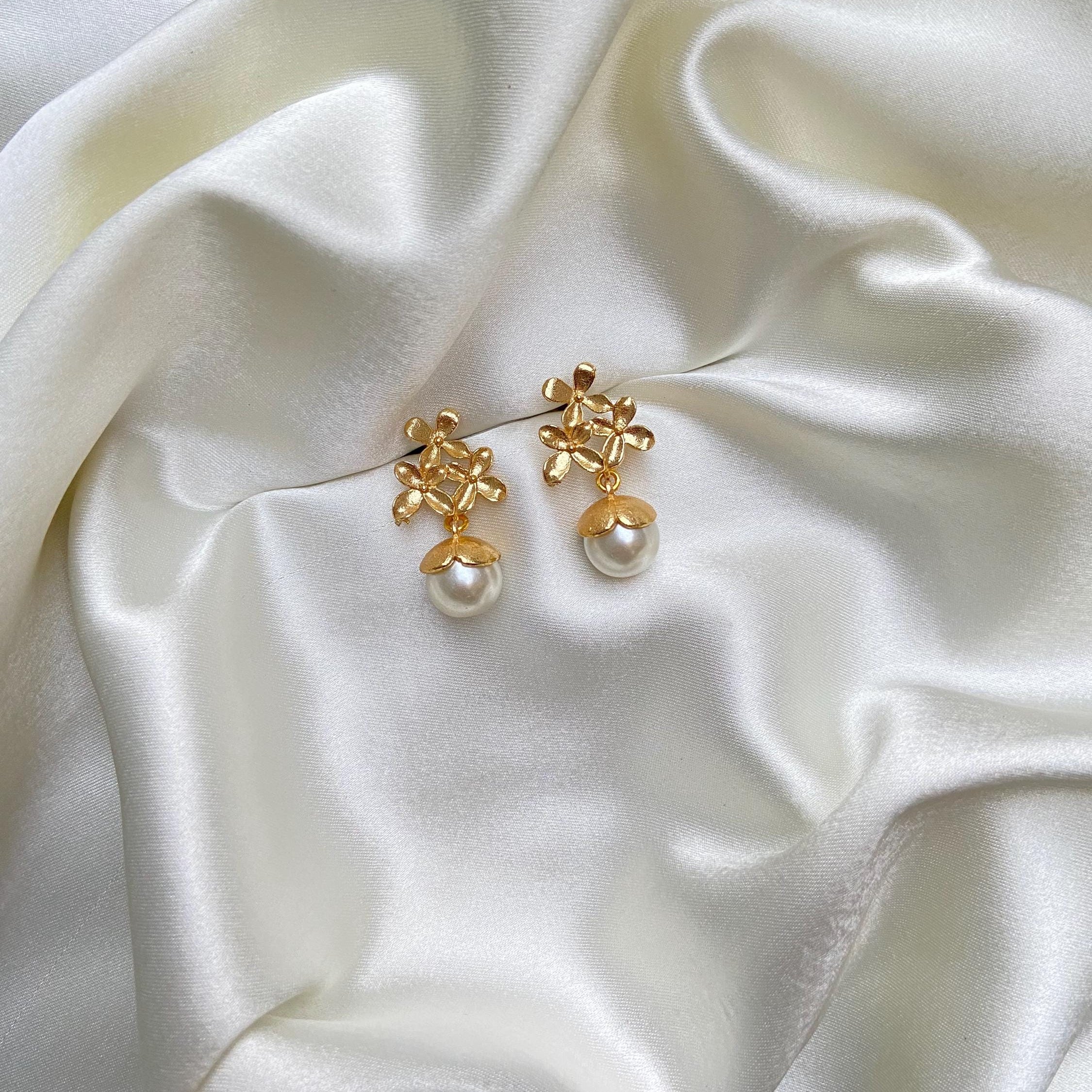 Golden Bloom Floral Gold-Plated Pearl Drop Earrings