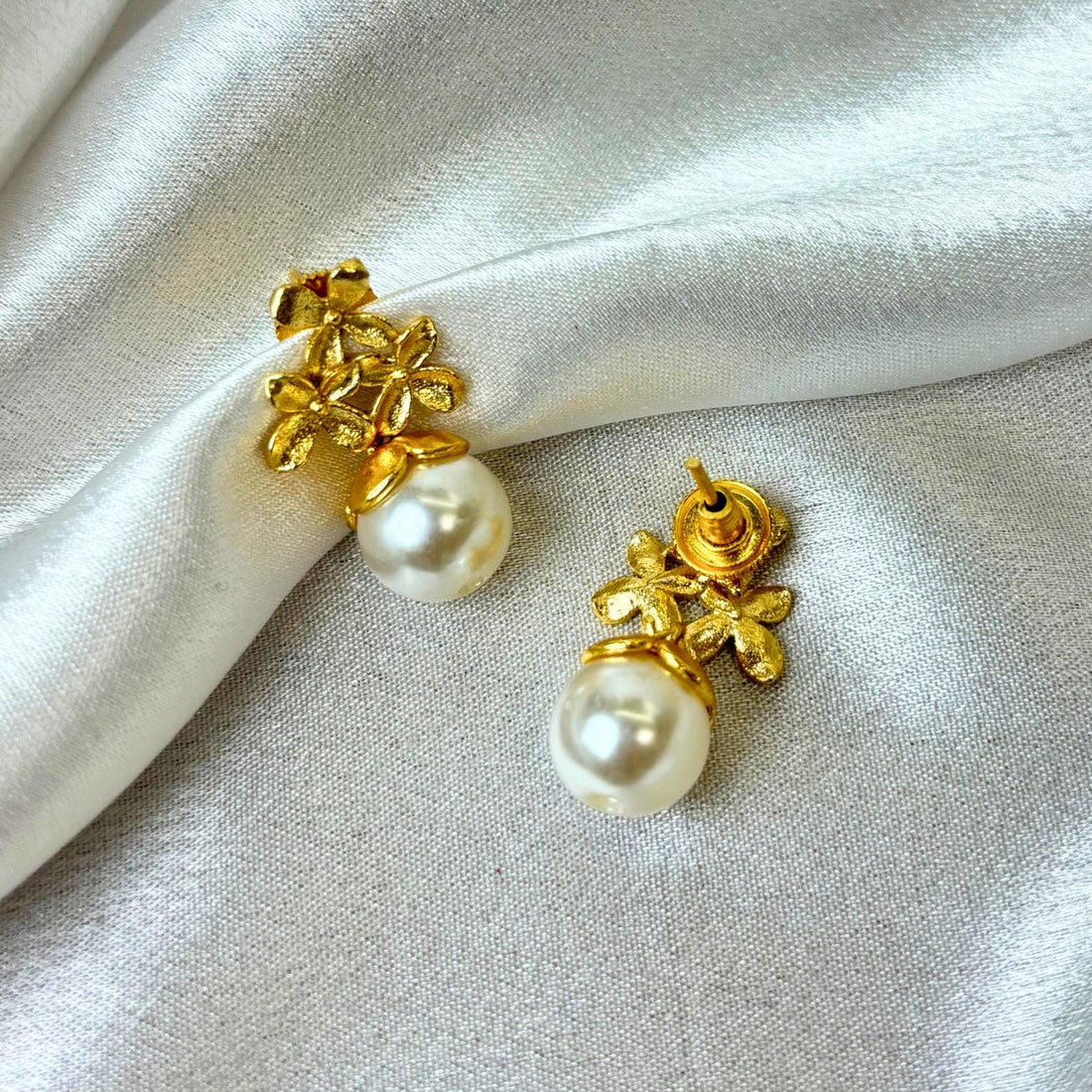 Golden Bloom Floral Gold-Plated Pearl Drop Earrings