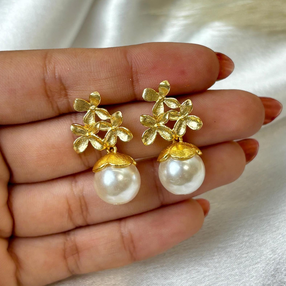 Golden Bloom Floral Gold-Plated Pearl Drop Earrings