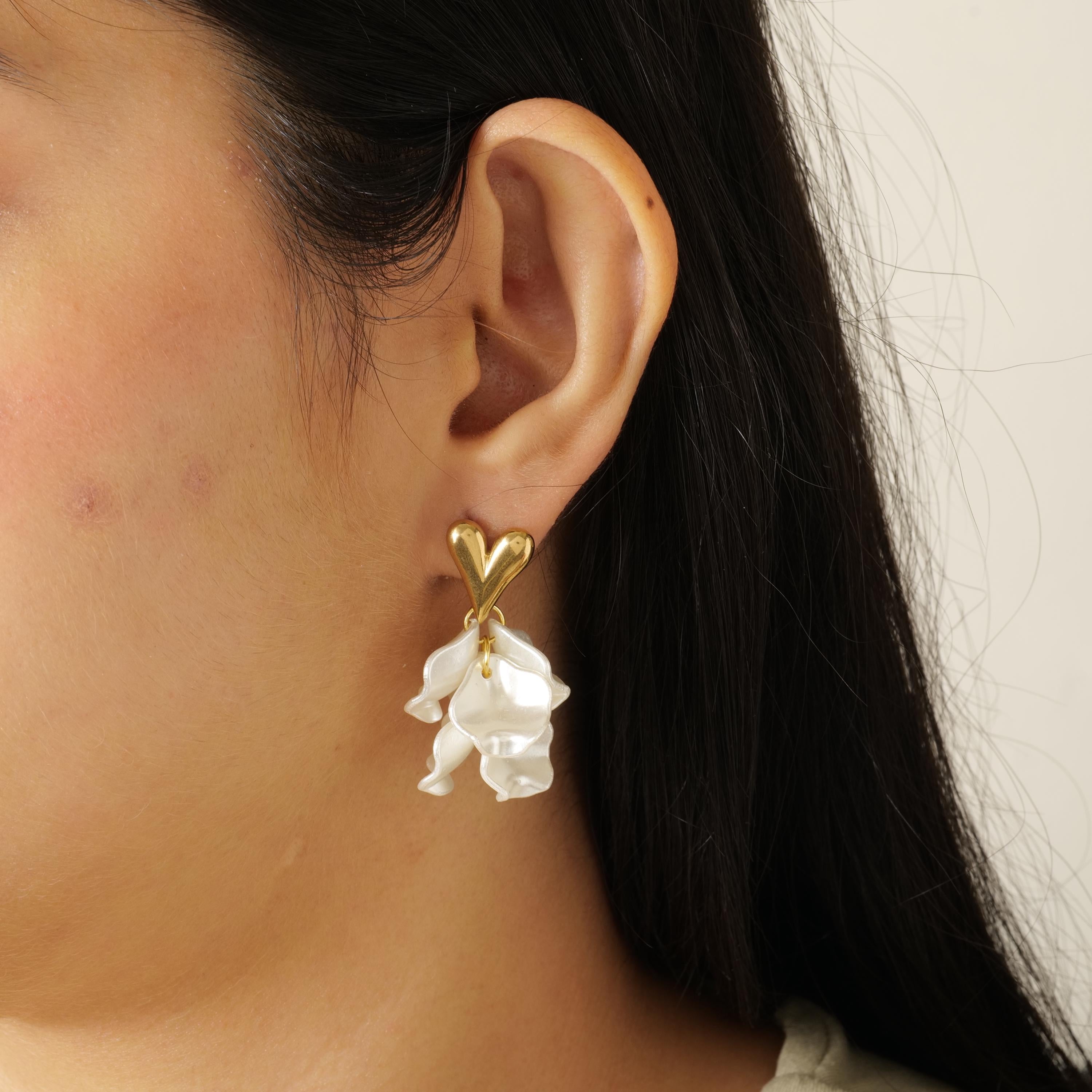 Gold Heart Petal Drop Earrings