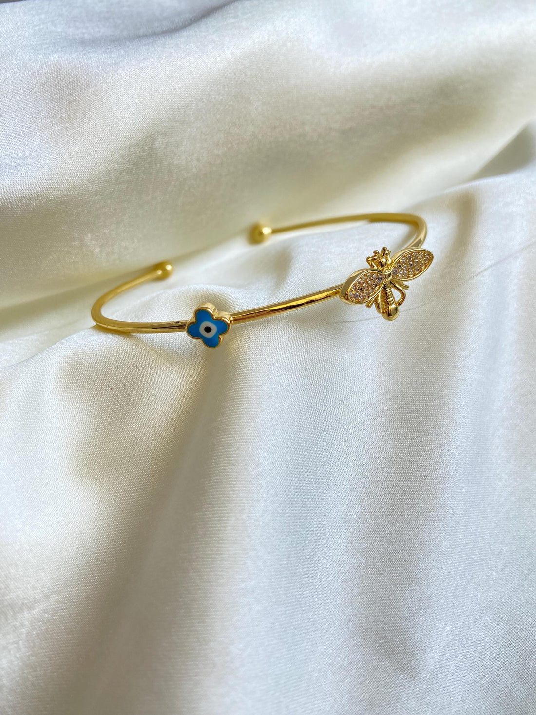 Gold Bee and Evil Eye Open Cuff Bracelet