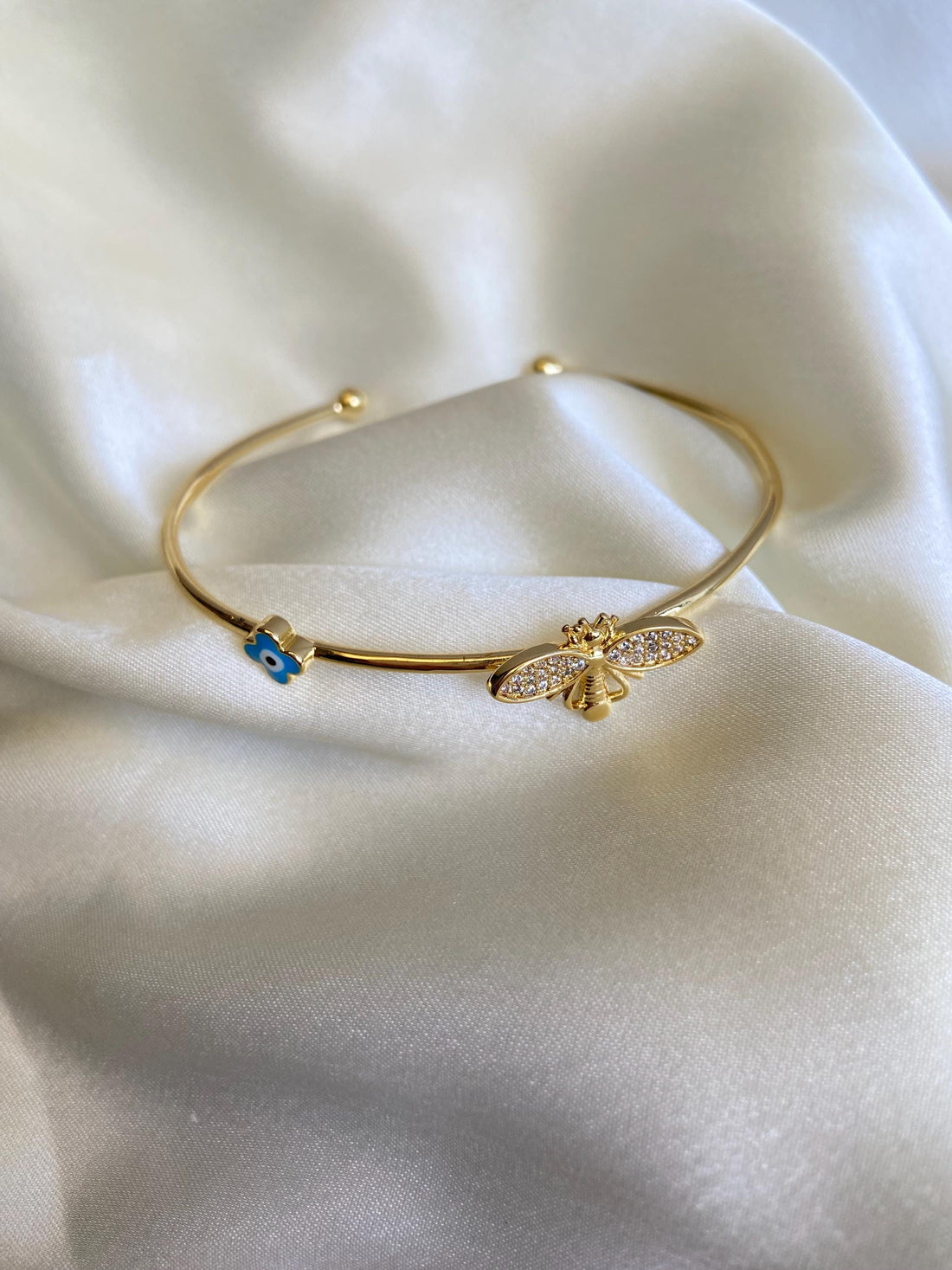 Gold Bee and Evil Eye Open Cuff Bracelet