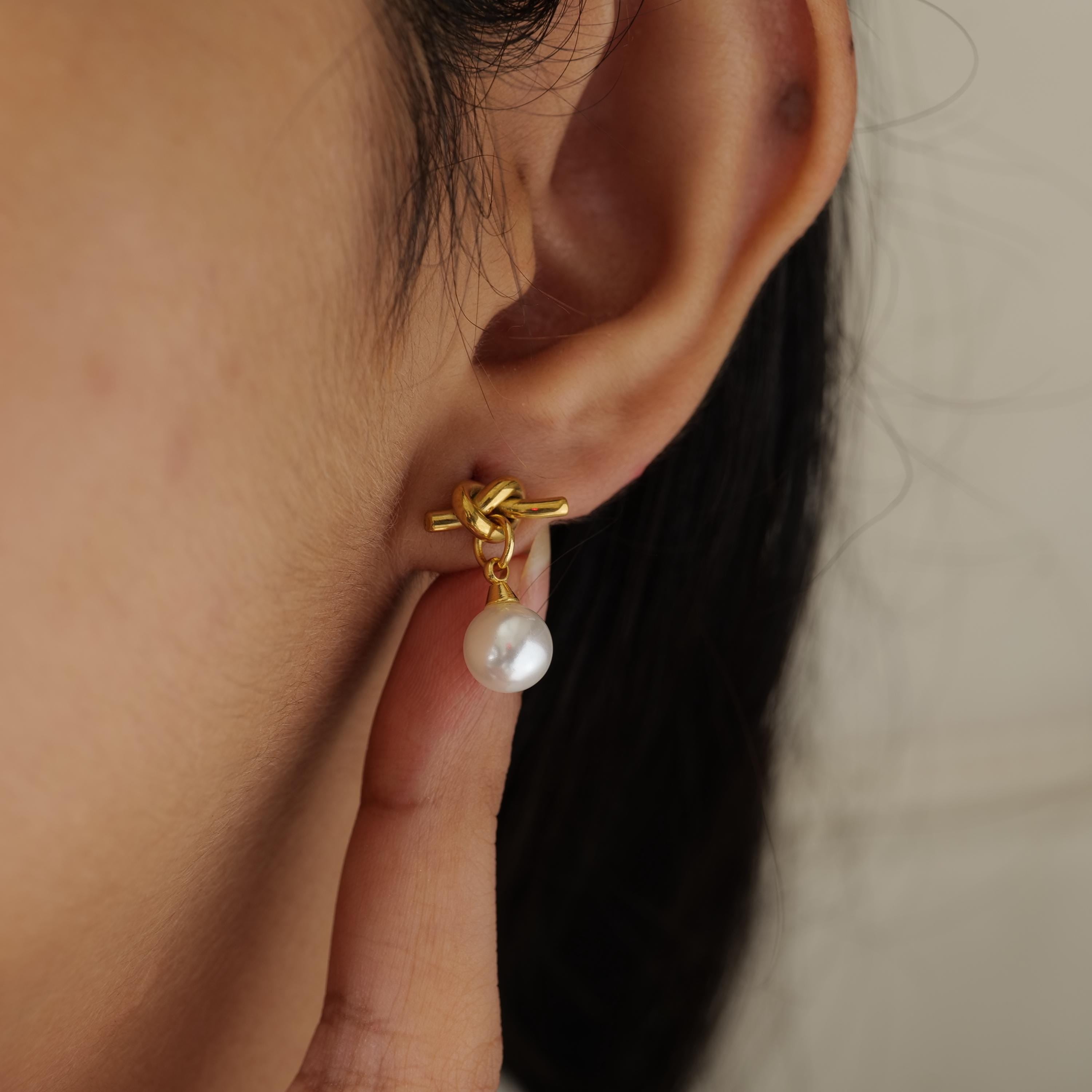 18K Gold Plated Knot Pearl Drop Earrings