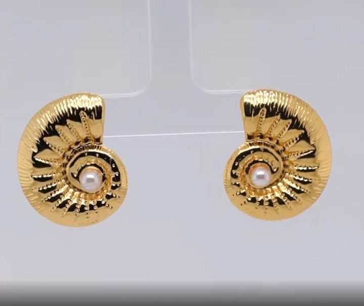 Gold Plated Shell Stud Earrings with Pearl – Vintage Inspired Design