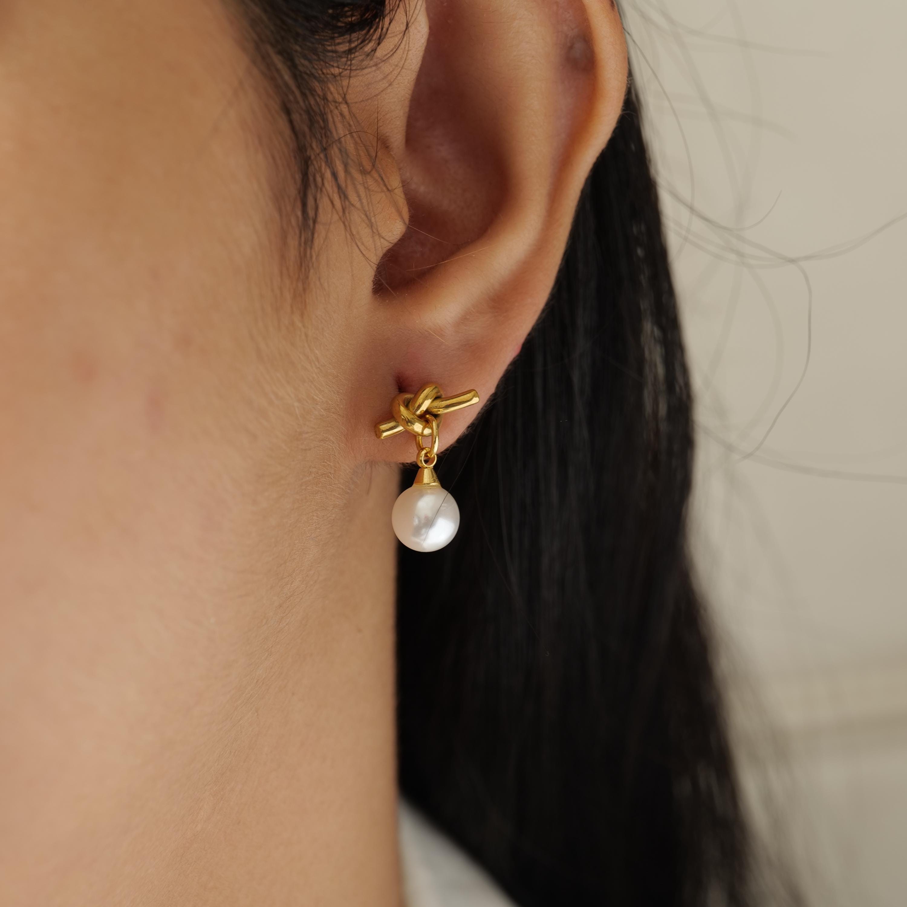18K Gold Plated Knot Pearl Drop Earrings