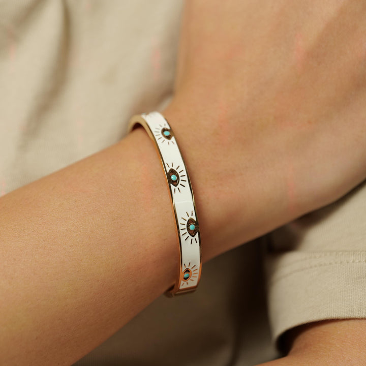 Gold Plated Evil Eye Bracelet – Enamel Bangle with Turquoise Accents
