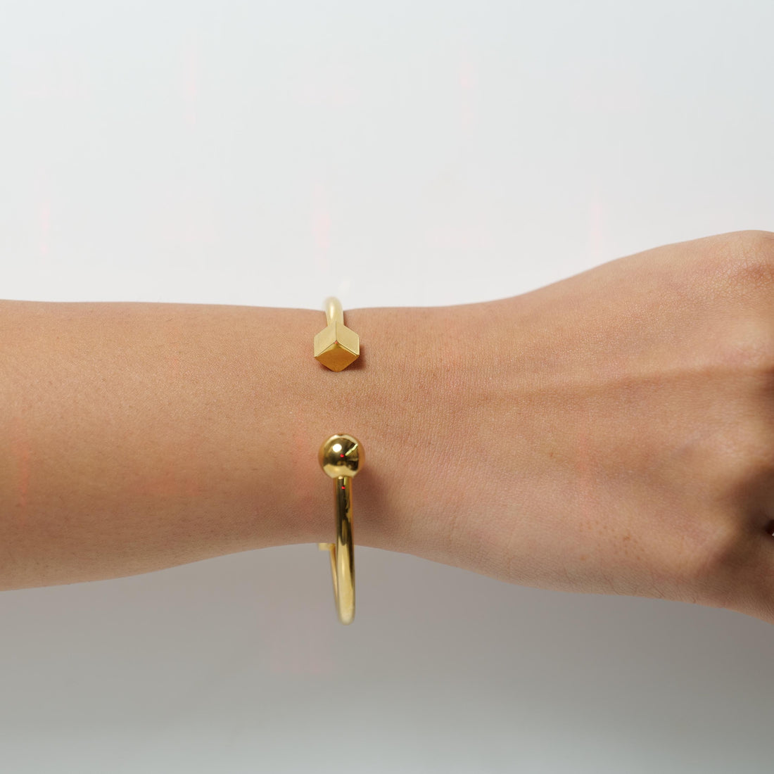 Gold Plated Open Cuff Bracelet – Ball and Cube Minimal Design