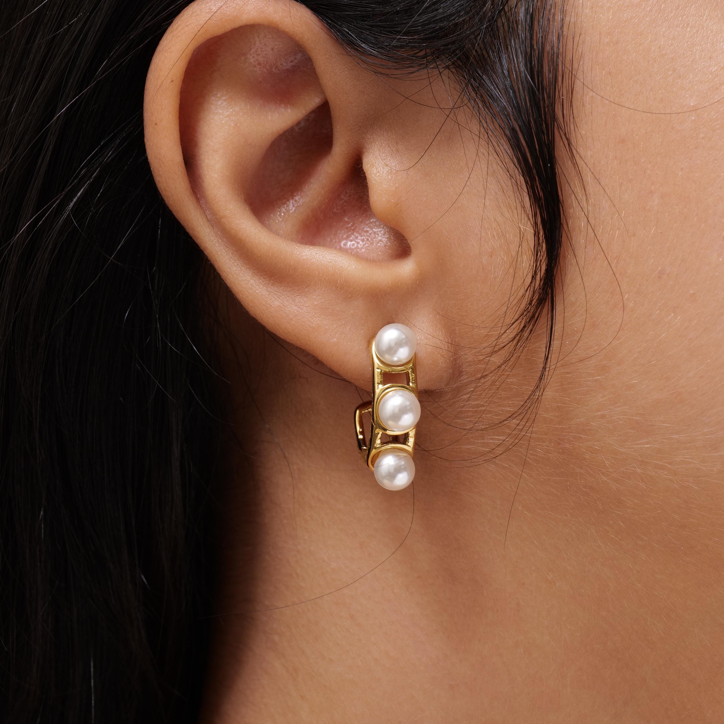18K Gold Plated Pearl Hoop Earrings – Triple Pearl Design – Modern Everyday Jewelry