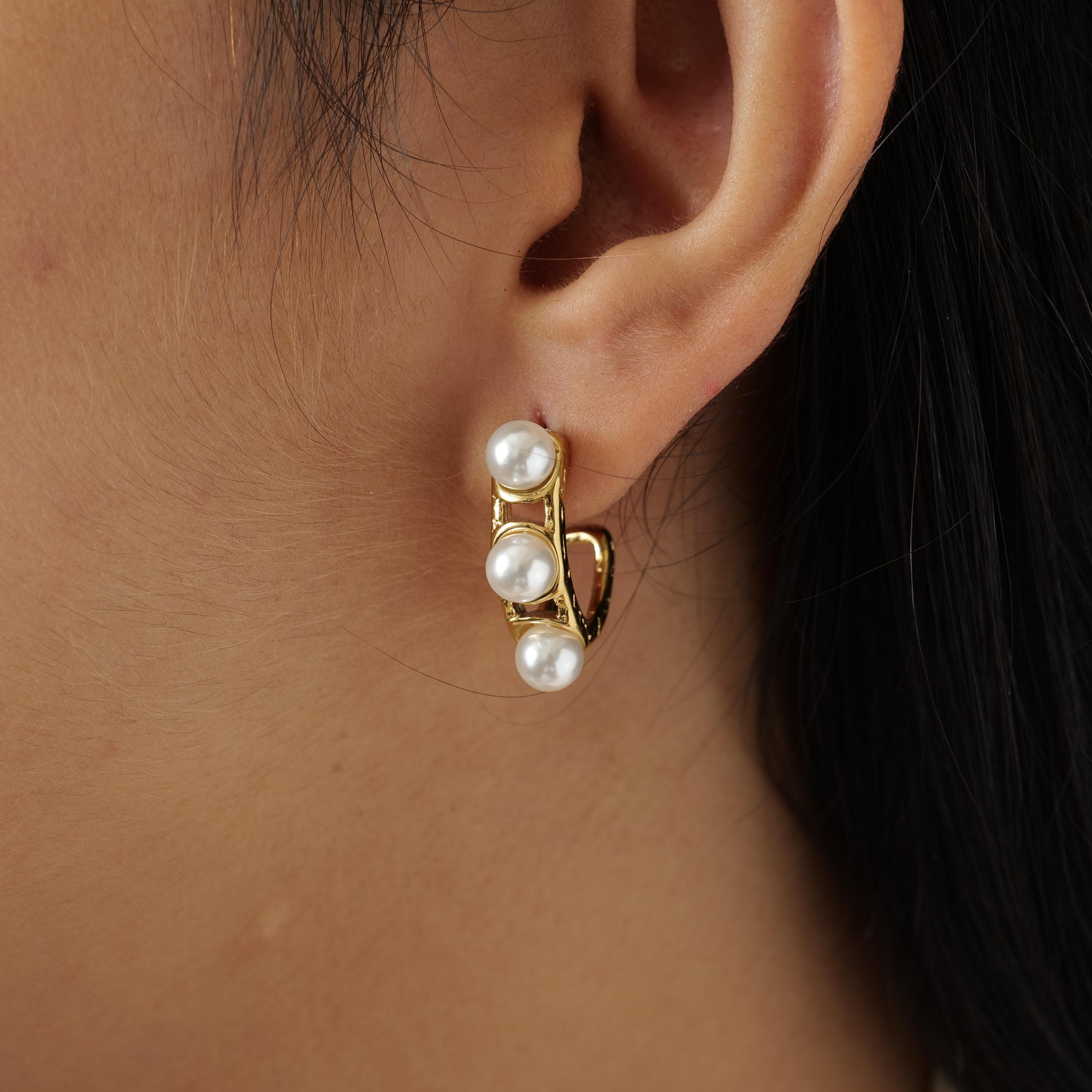 18K Gold Plated Pearl Hoop Earrings – Triple Pearl Design – Modern Everyday Jewelry