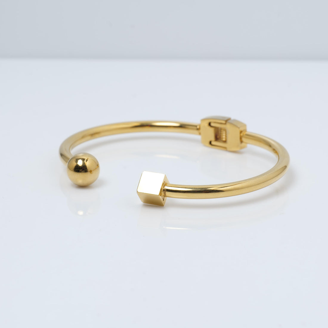 Gold Plated Open Cuff Bracelet – Ball and Cube Minimal Design